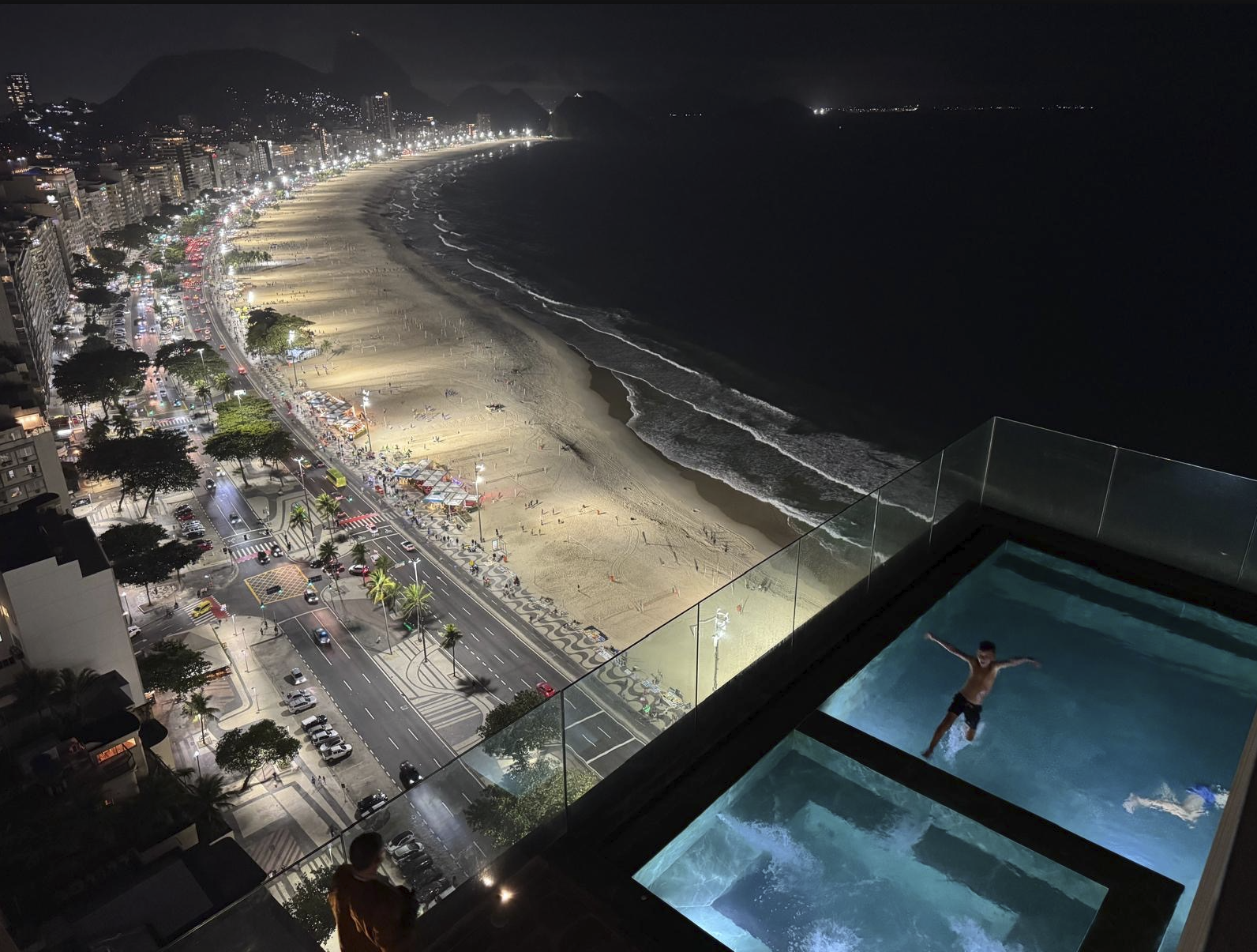 The rooftop pool above Copacabana at night