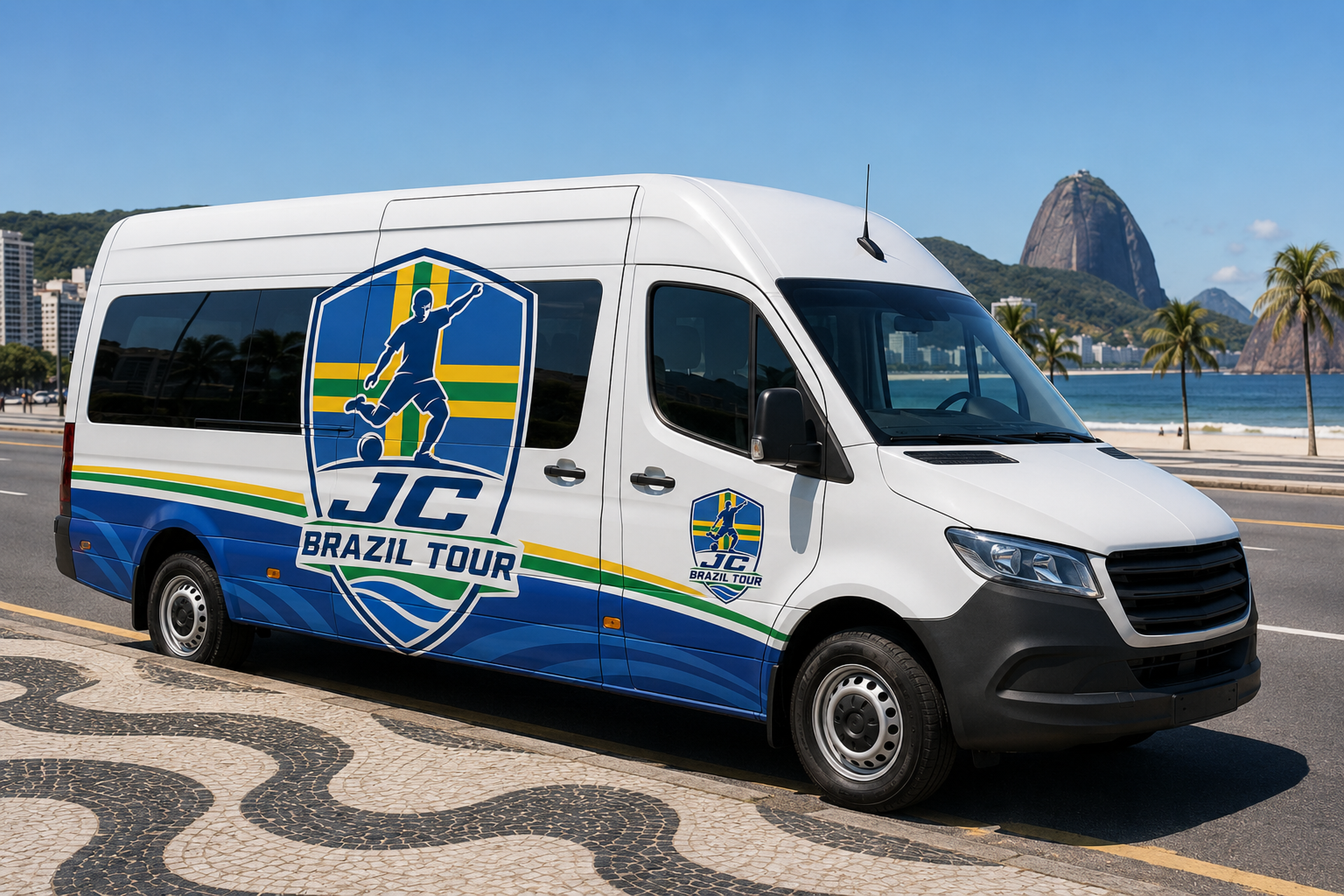 The tour van on the Copacabana beachfront