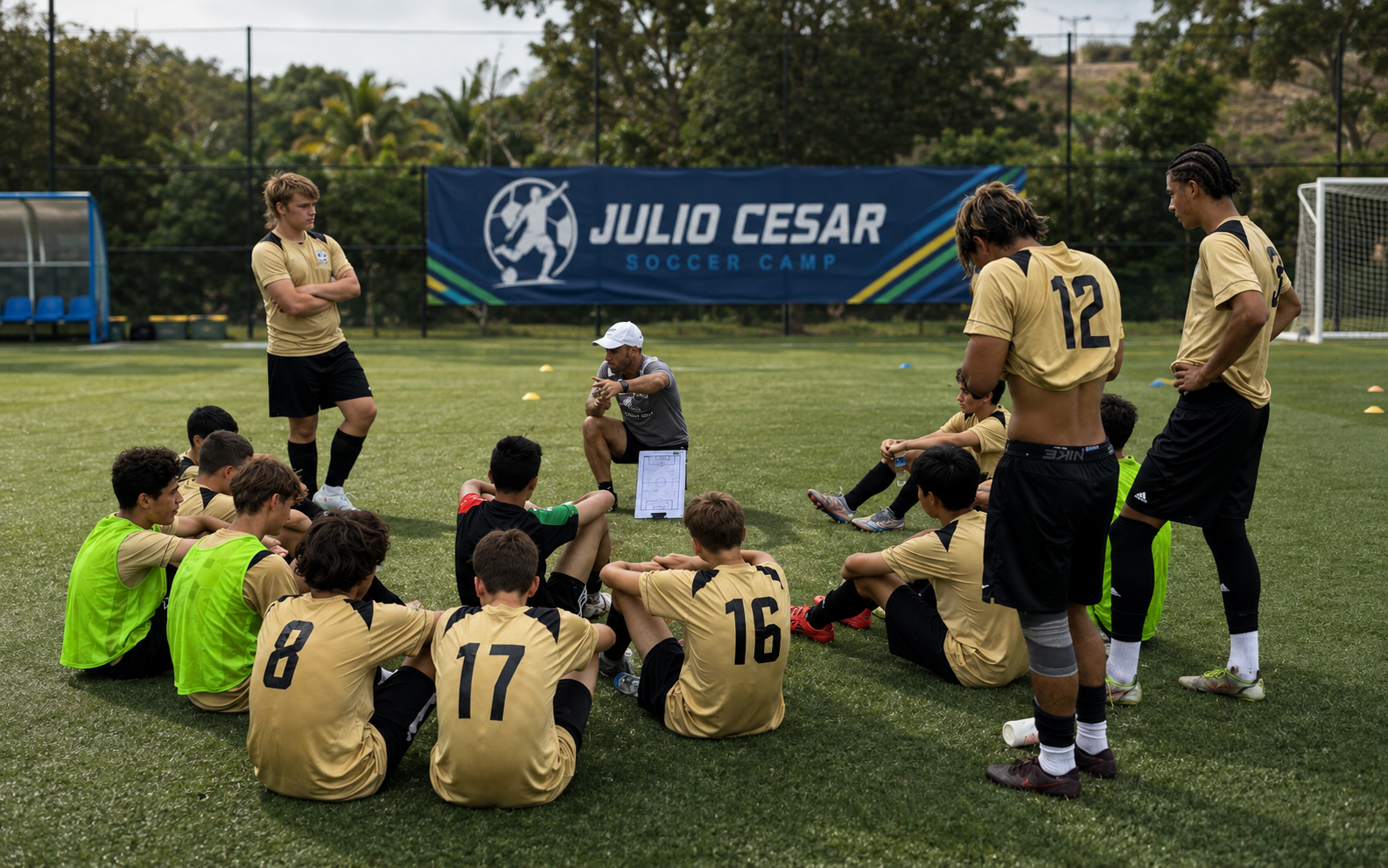 Julio talking through a session with players seated on the field