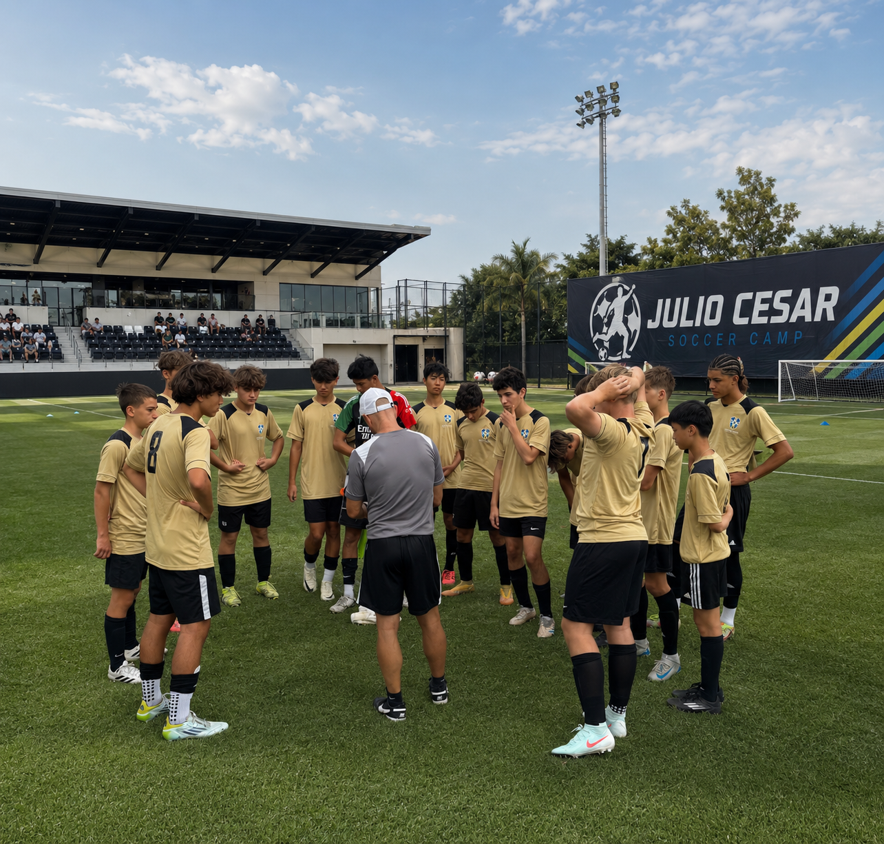 Julio addressing the group in a huddle at the end of a session